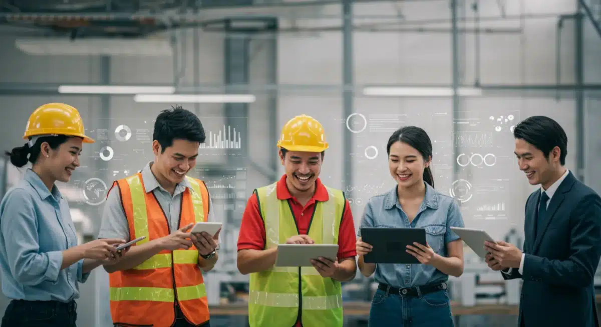 Grupo de trabalhadores e empregadores utilizando dispositivos digitais, representando a facilidade e transparência proporcionadas pela Carteira de Trabalho Digital.