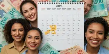 Calendário PIS/PASEP 2026 com datas destacadas e pilhas de dinheiro, representando o abono salarial para trabalhadores brasileiros.