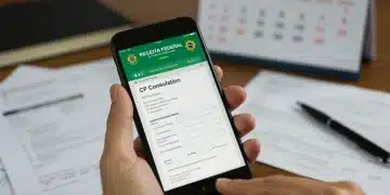Pessoa consultando o CPF online no site da Receita Federal para 2026, com documentos ao fundo.
