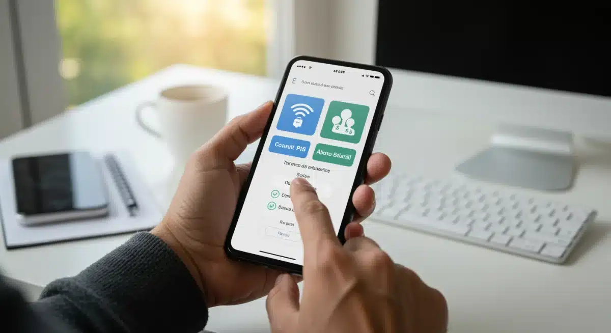 Pessoa consultando o PIS/PASEP pelo celular, aplicativo de consulta de benefícios.