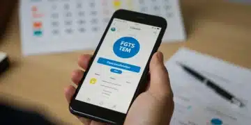 Pessoa consultando o FGTS em 2026 pelo aplicativo no celular, com foco na praticidade digital.