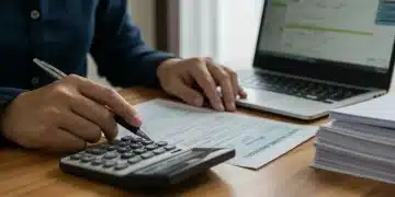 Pessoa preenchendo formulário de Imposto de Renda 2026 com calculadora e laptop ao lado, simbolizando a complexidade da declaração.