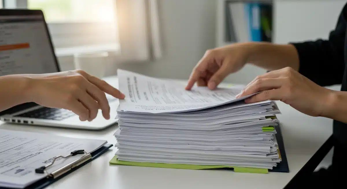 Pessoa organizando documentos para regularização do CPF e preenchimento de formulários online.