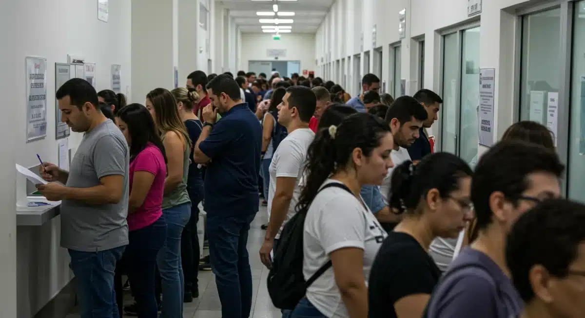 Fila de eleitores em um cartório eleitoral no Brasil para regularização de documentos.