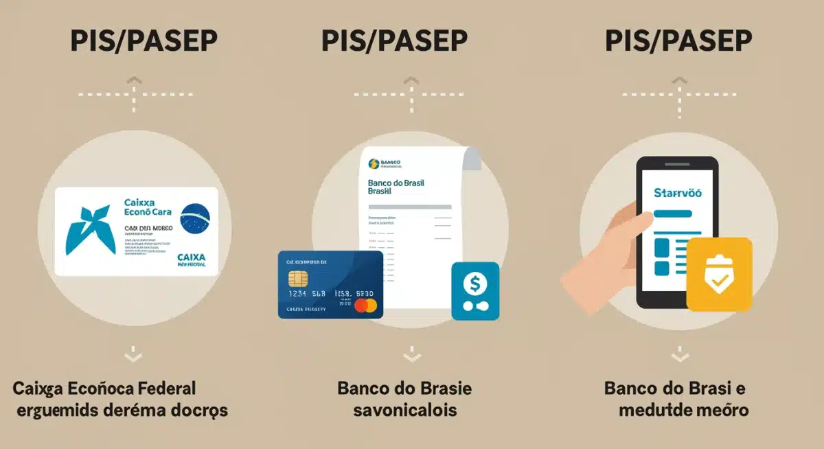Diversas formas de pagamento do PIS/PASEP: cartão Caixa, conta Banco do Brasil e carteira digital.