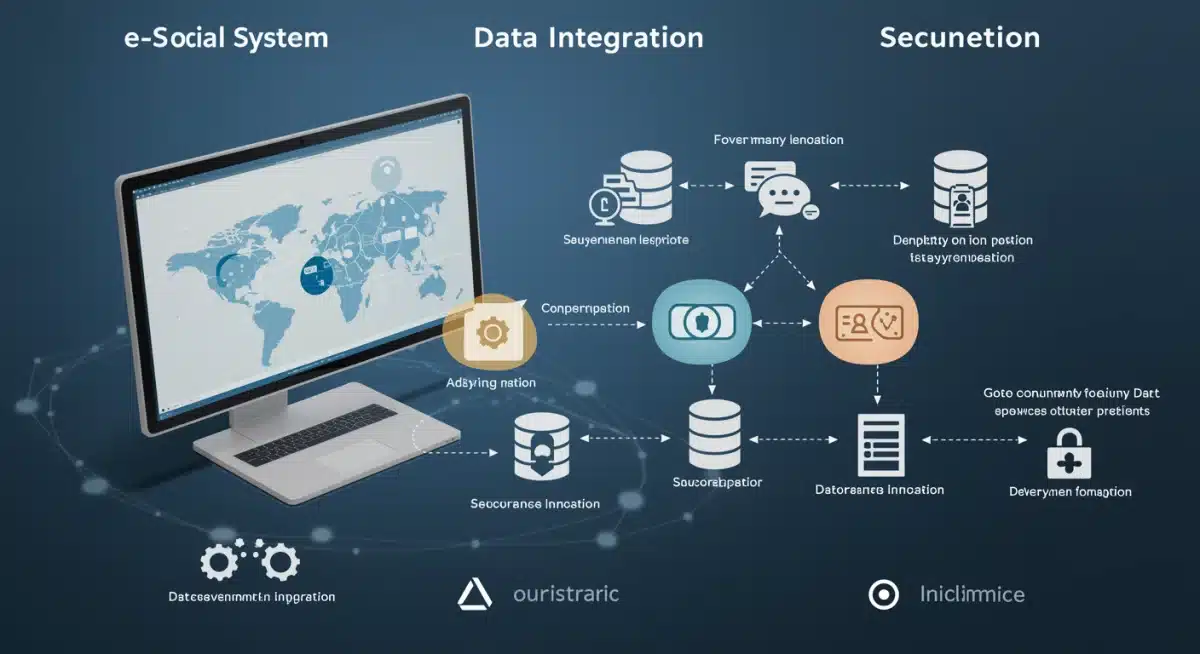 Diagrama abstrato mostrando a integração entre eSocial, sistemas de empresas e a Carteira de Trabalho Digital, representando o fluxo de dados.