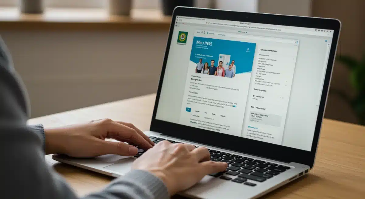 Pessoa utilizando um notebook para acessar o portal 'Meu INSS' e acompanhar um pedido online.