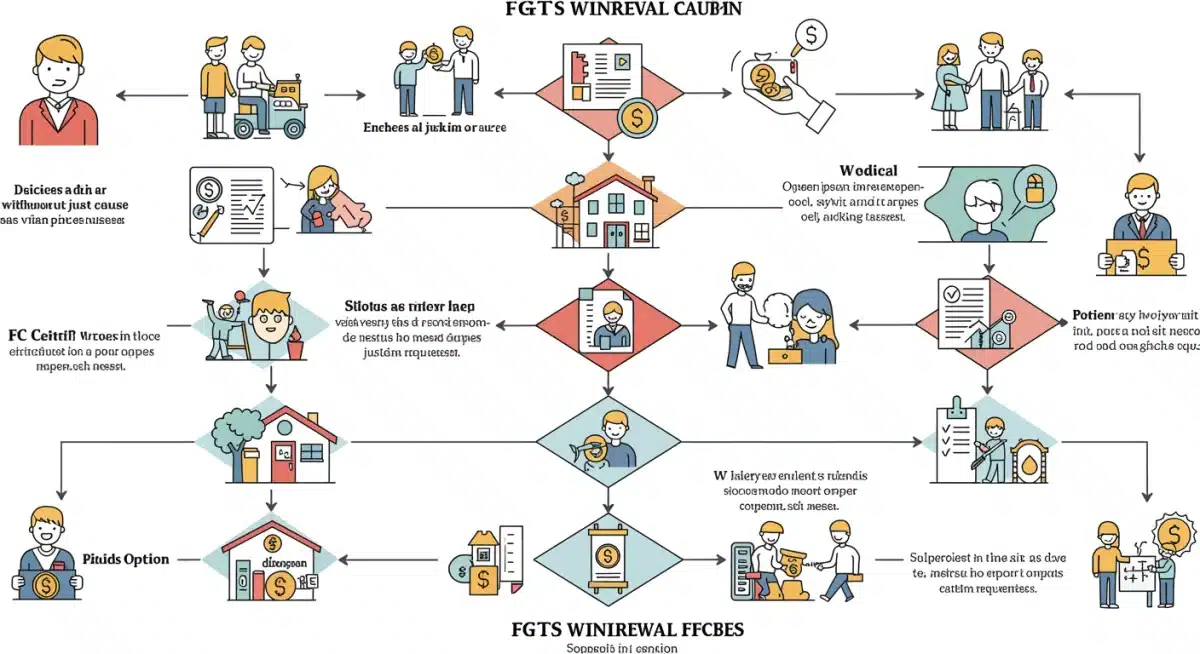 Diagrama explicativo das diversas modalidades de saque do FGTS, com ícones ilustrativos.