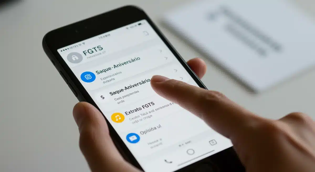 Detalhe da tela do aplicativo FGTS mostrando as opções de saque e consulta de extrato.