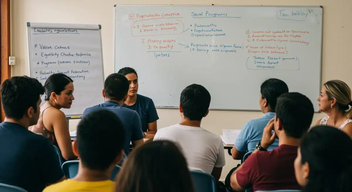 Grupo de pessoas em reunião informativa sobre critérios de elegibilidade do Auxílio Brasil