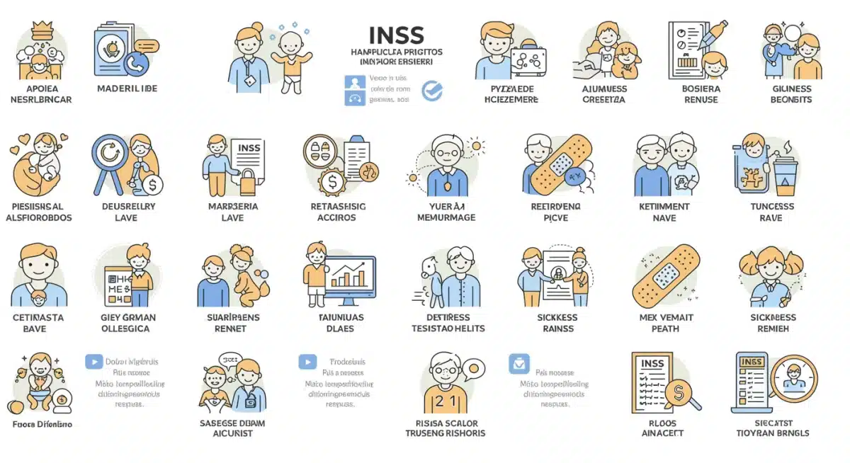 Infográfico detalhado com ícones representando os diferentes tipos de benefícios do INSS e suas categorias.