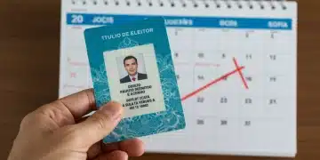 Mão segurando título de eleitor brasileiro com calendário de 2026 ao fundo, indicando prazo final para regularização.