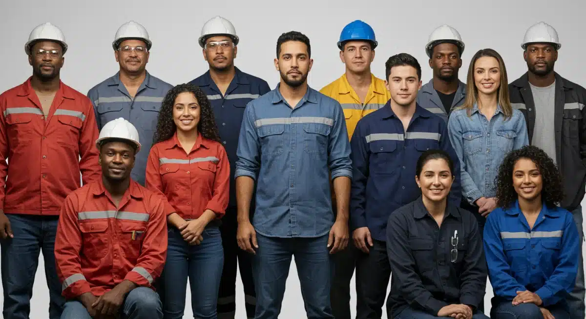 Grupo de trabalhadores brasileiros diversos celebrando o recebimento do PIS/PASEP 2026, com sorrisos e união.