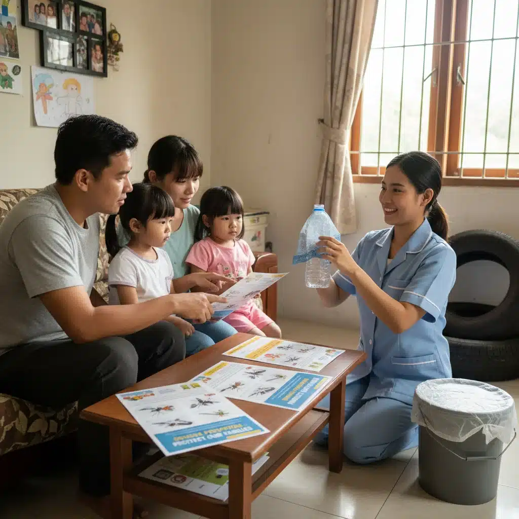 Profissional de saúde orientando uma família sobre a prevenção da dengue em casa, enfatizando a educação e a participação comunitária.