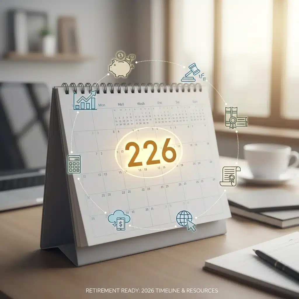 Calendário destacando o ano de 2026 e ícones de planejamento previdenciário