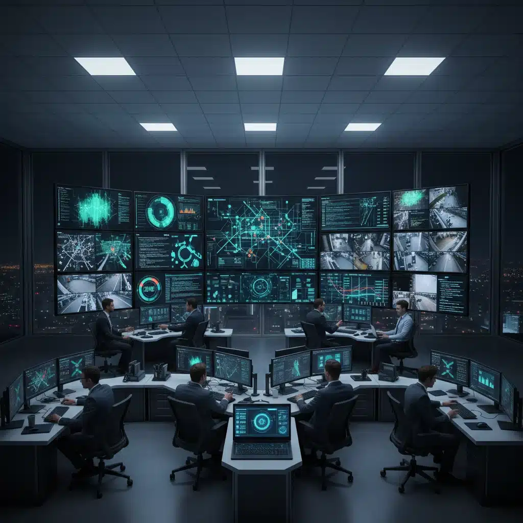 Centro de operações de segurança com telas de monitoramento em tempo real e analistas trabalhando.