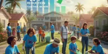 Comunidade engajada em ações de prevenção à dengue, com agentes de saúde orientando e voluntários limpando áreas, simbolizando a redução de casos.