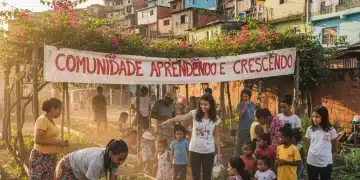 Grupo diverso de crianças e adultos em atividade de aprendizado comunitário ao ar livre em bairro brasileiro, com casas coloridas ao fundo.