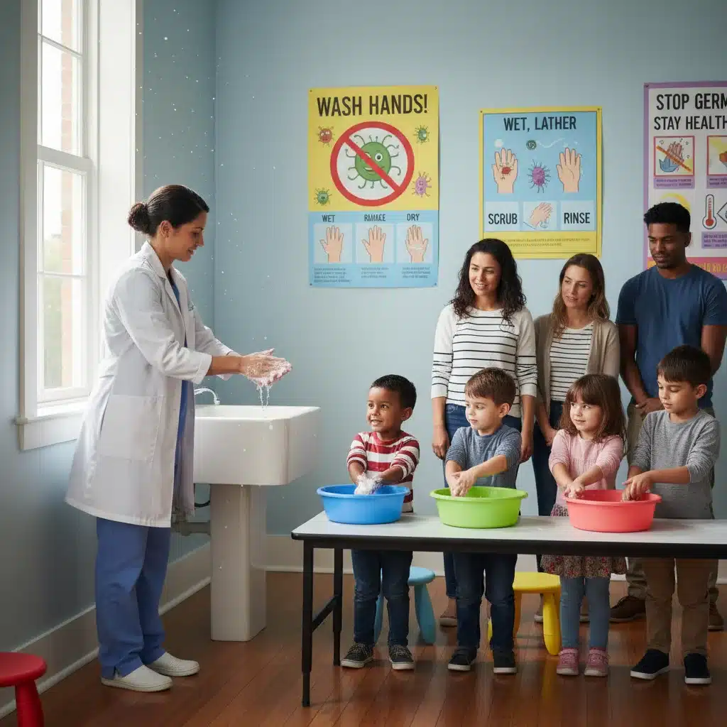 Profissional de saúde ensinando técnicas de higiene para crianças e pais em um centro comunitário.