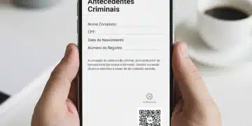 Pessoa utilizando smartphone para emitir atestado de antecedentes criminais online, com foco na tela do celular exibindo o documento digital.