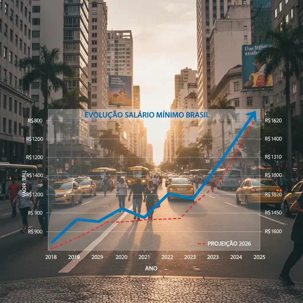 Gráfico mostrando a evolução do salário mínimo no Brasil com projeção de aumento para 2026, em cenário urbano.