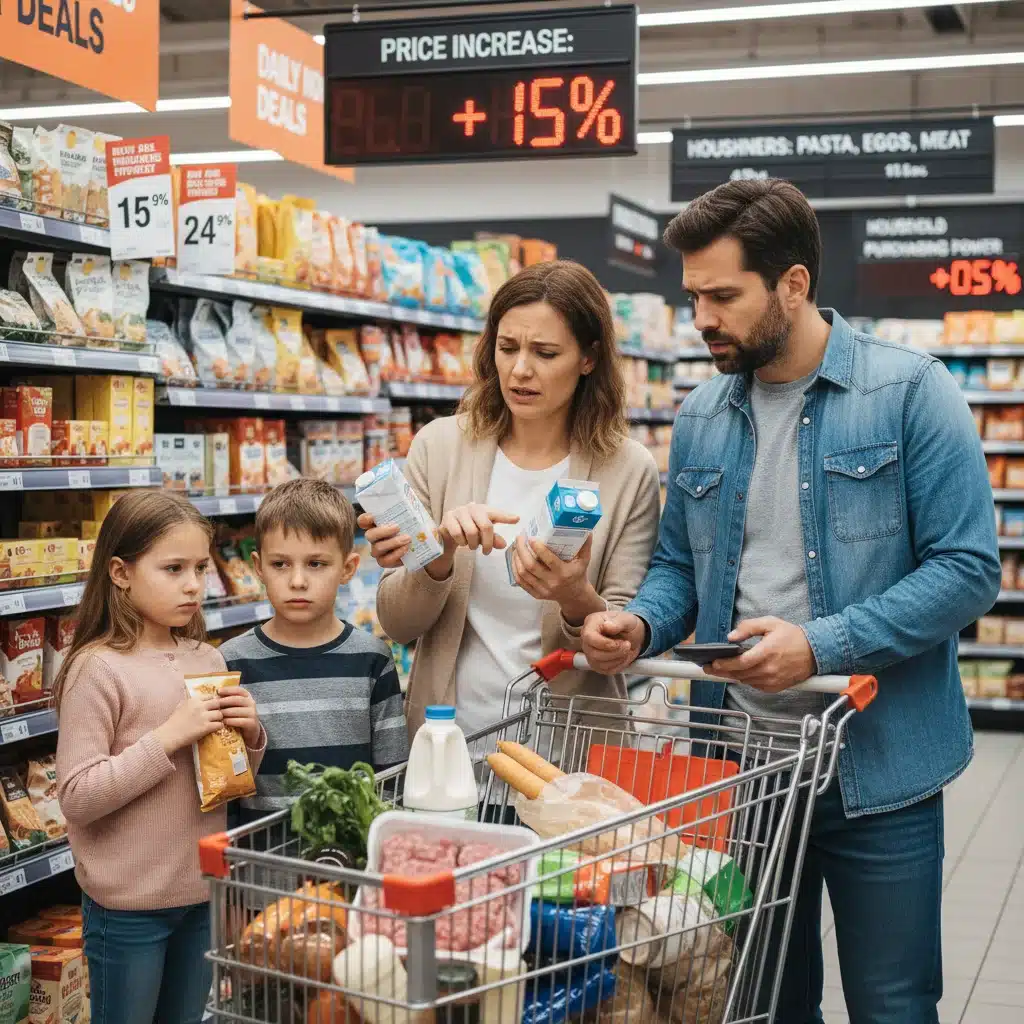 Família em supermercado analisando preços, representando o impacto da inflação e poder de compra.