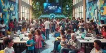 Pessoas de diversas idades utilizando tecnologia em um centro comunitário, simbolizando a inclusão digital no Brasil.