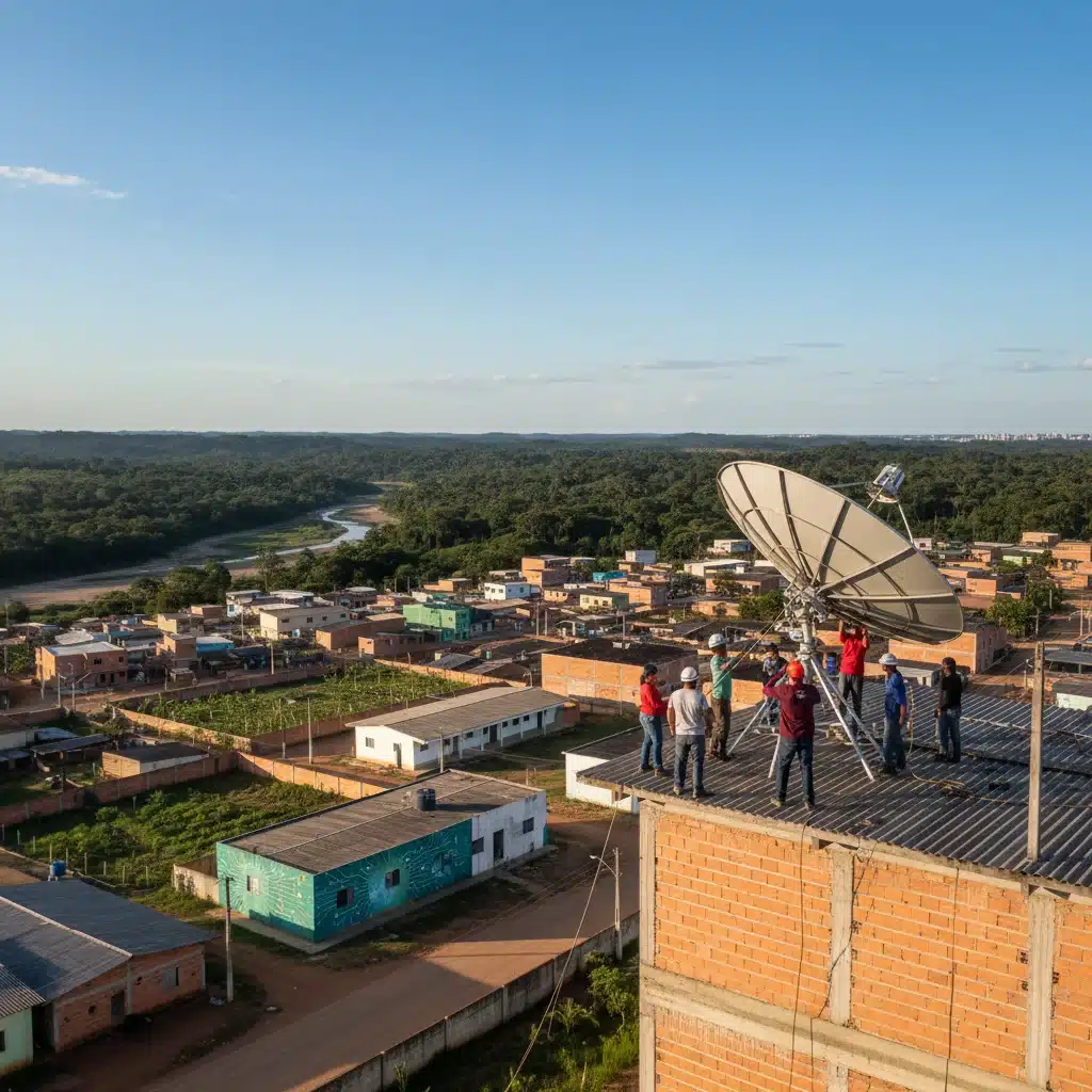 Instalação de antena de satélite em comunidade remota brasileira para acesso à internet banda larga.