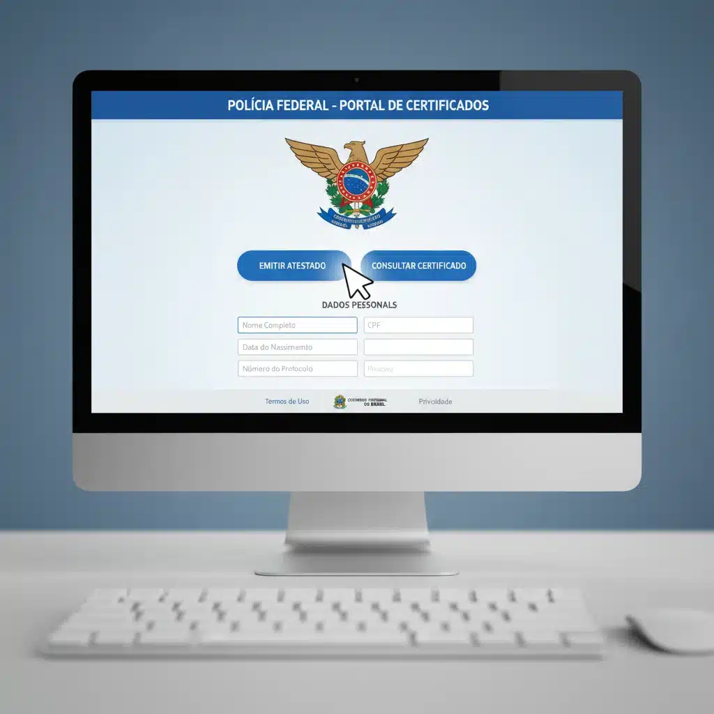 Tela de computador exibindo o portal oficial para emissão de atestado de antecedentes criminais, com campos de preenchimento e botões de navegação.