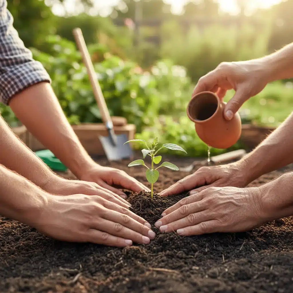 Mãos de diferentes gerações plantando uma muda, simbolizando o esforço coletivo das ONGs na promoção da sustentabilidade e do desenvolvimento.