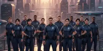Oficiais de segurança pública em frente a uma cidade moderna, representando as novas estratégias de 2026.