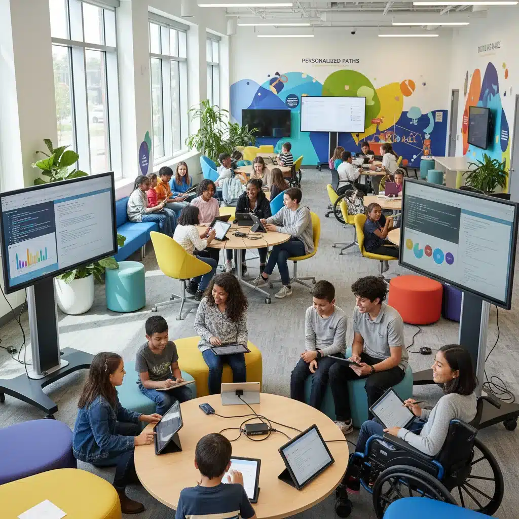 Alunos de diferentes idades colaborando em projeto digital em centro de aprendizado comunitário moderno e bem iluminado.