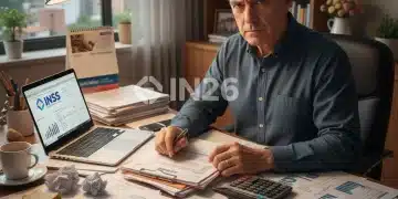 Pessoa analisando documentos e calculando a aposentadoria do INSS para 2026