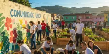 Pessoas de diversas idades e origens colaborando em um projeto comunitário no Brasil, simbolizando o impacto das ONGs no desenvolvimento local.