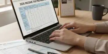 Pessoa preenchendo declaração do Imposto de Renda 2026 no laptop com formulários e calculadora