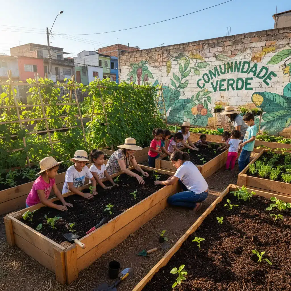 Crianças e adultos de uma comunidade brasileira trabalhando em projeto de horta urbana, plantando mudas e aprendendo sobre sustentabilidade.