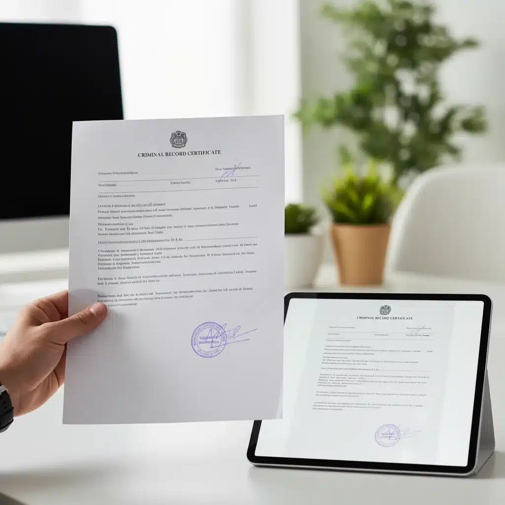 Mão segurando atestado de antecedentes criminais impresso ao lado de um tablet exibindo a versão digital do documento, ressaltando a validade em ambos os formatos.