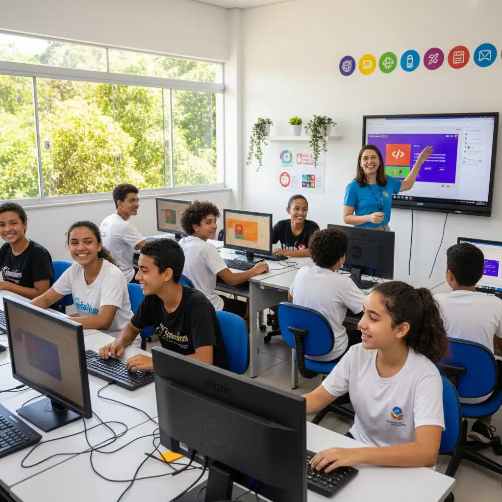 Jovens estudantes brasileiros participando de um workshop de letramento digital em sala de aula.