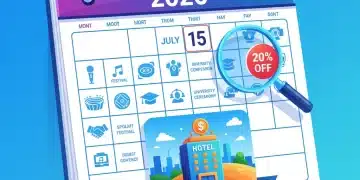 Calendar 2026 with event icons and 20% discount on hotel, symbolizing future event accommodation savings.