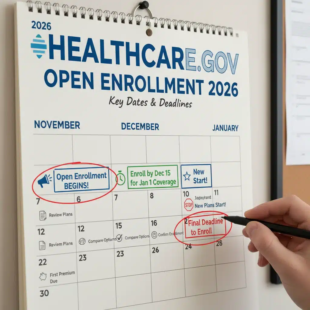 A calendar with important 2026 Healthcare.gov Open Enrollment dates highlighted, emphasizing application deadlines.