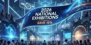People exploring a modern exhibition hall with interactive displays and large screens, showcasing the excitement of national exhibitions in 2026.