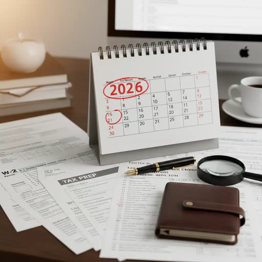 Calendar highlighting 2026 with tax documents and pen for planning
