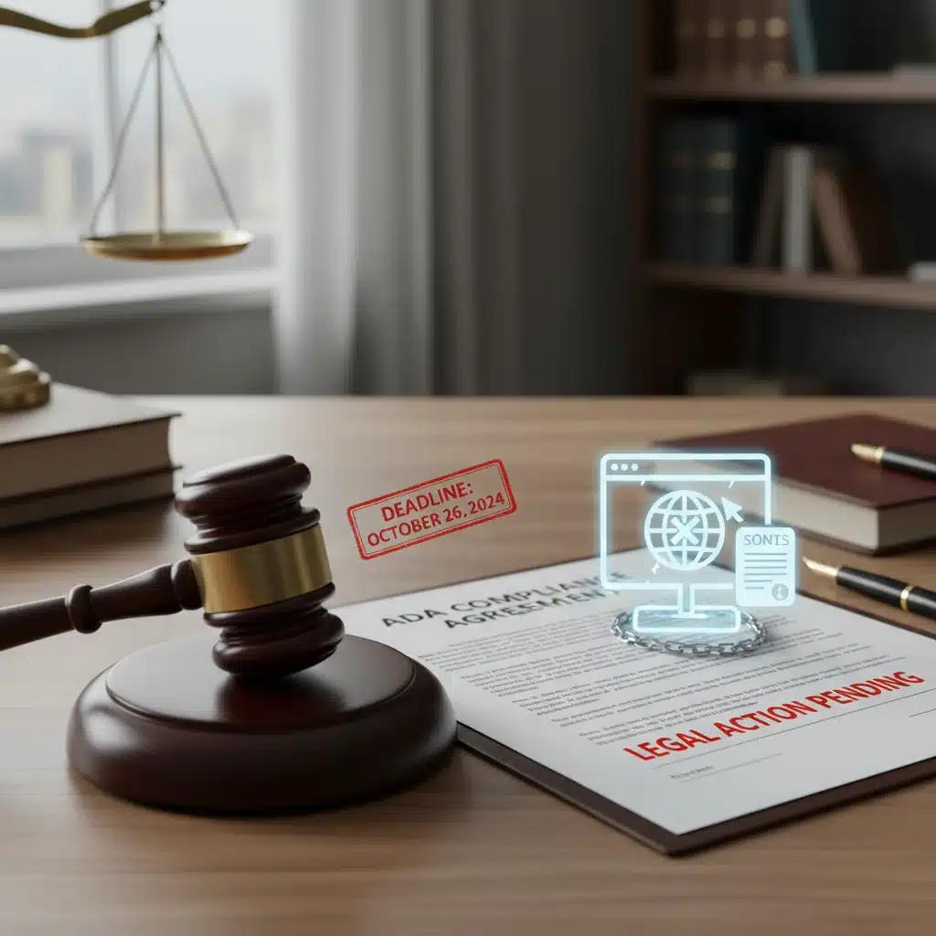 Legal document, gavel, and website icon, symbolizing ADA compliance legal implications and deadlines.