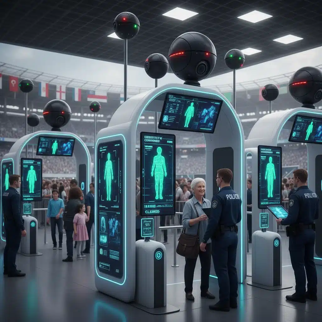 Advanced security checkpoint with facial recognition and body scanners at an event