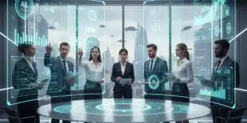 Futuristic office with AI-driven business process automation interfaces and collaborating team