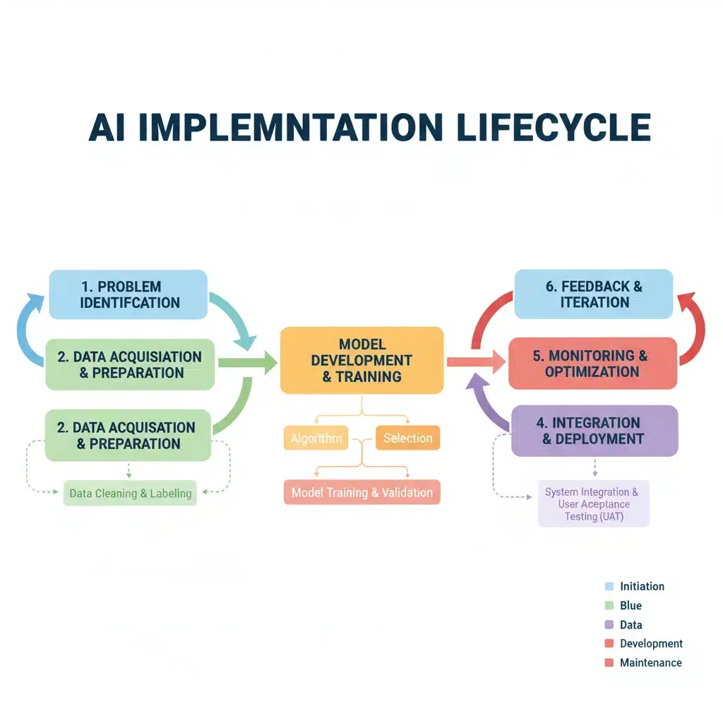 Detailed flowchart illustrating AI implementation stages in business processes