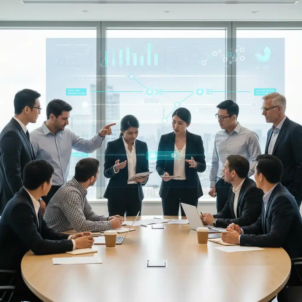 Business leaders and IT specialists discussing AI integration strategy
