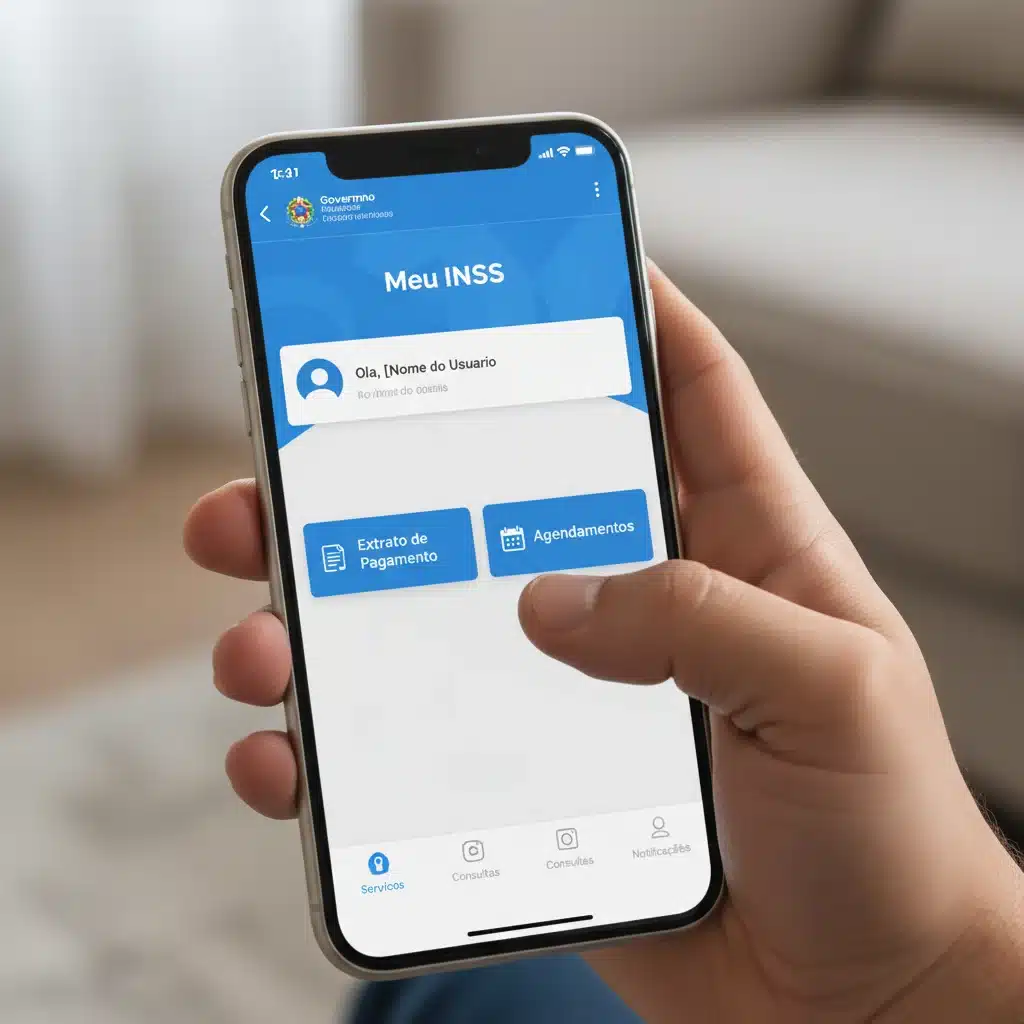 Aplicativo Meu INSS em um smartphone mostrando opções de extrato e agendamento