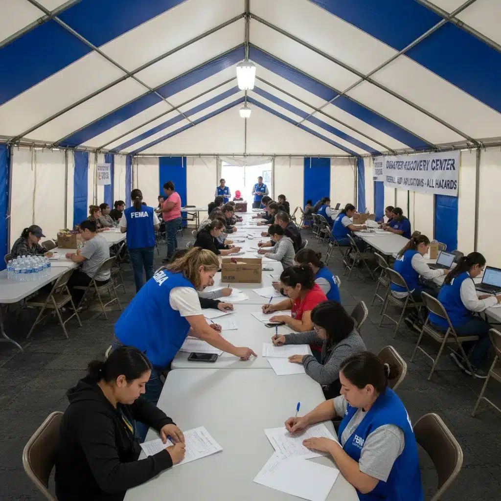 Residents applying for federal disaster relief 2026 at a FEMA center