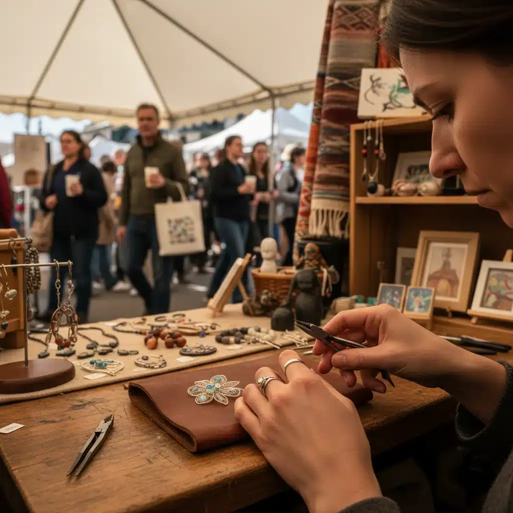 Artist's hands crafting intricate jewelry at a busy indoor arts and crafts fair.
